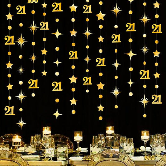 Gold 21st Birthday Decorations Number 21 Circle Dot Twinkle Star Garland Metallic Hanging Streamer Banner Backdrop for Girls Boys Cheers to 21 Years Finally Legal Bday 21st Anniversary Party Supplies