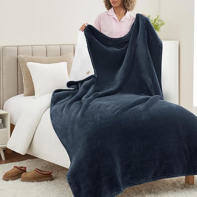UGG Nita Twin/Twin XL Blanket Fleece Fluffy Soft Fuzzy Bedding Cozy Big Plush Warm Big Throw Blankets for Couch, Machine Washable, 60-inch x 90-inch, Navy Blue