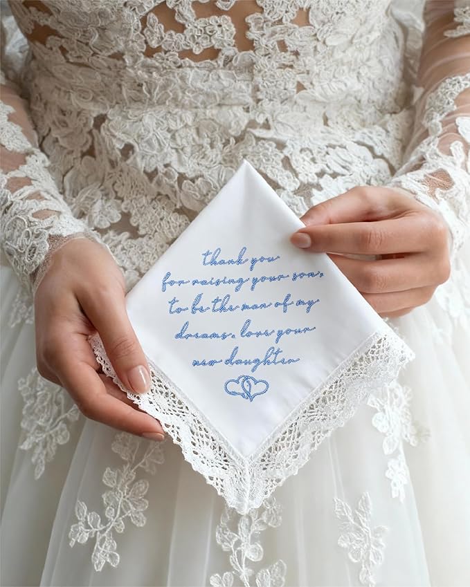 LADY&HOME Something Blue Embroidered Wedding Handkerchief - Mom,Dad,Daughter,Lace Bridal Hankies Wedding Gifts