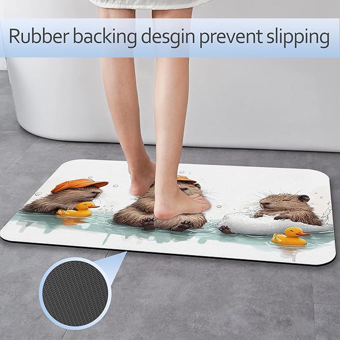 Cute Capybaras Swim Bath Mat 29.5"x17",Slim Low-Profile Fast Drying Super Absorbent Bathroom Rug with Non-Slip Backing, Easy-Clean Modern Floor Mat for Tub, Shower, or Entryway