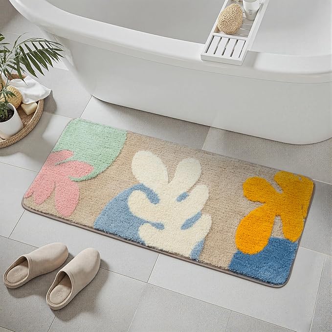 Uphome Bathroom Runner Rug Colorful Abstract Coral Long Bath Mat Non Slip Water Absorbent Boho Bath Rug Soft Microfiber Machine Washable Floor Mats for Tub Bathroom Indoor Doormat,18"x47"