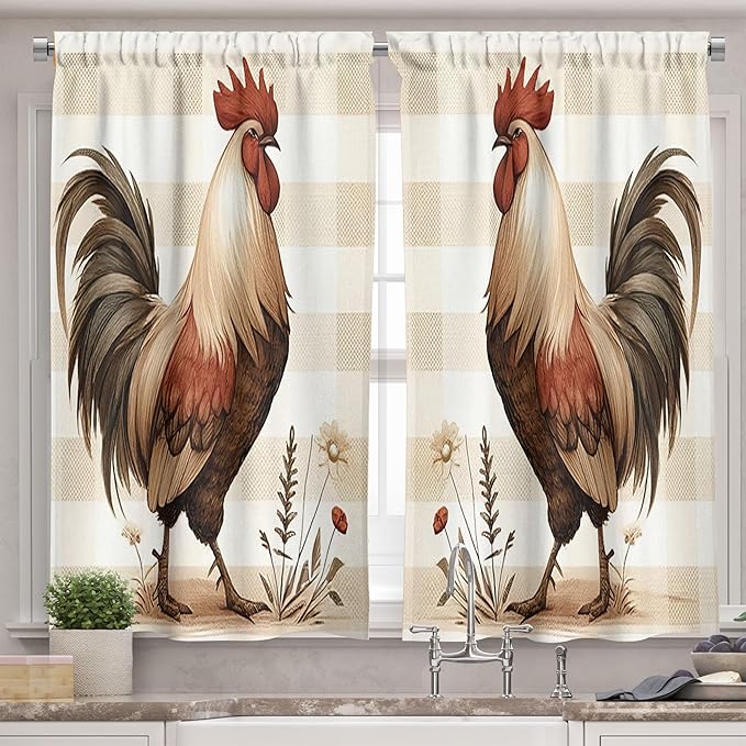 Ambesonne Farmhouse Valance & Tier Curtain 3 pcs Set, Bold Rooster Print and Flowers on Gingham with Rustic Country Style, Window Treatments for Kitchen Room Decor, 55" x 30", Tan Taupe and Dark Pink
