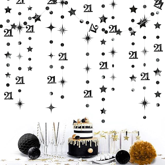 Black Number 21 Circle Dot Twinkle Star Garland Metallic Hanging Streamer Bunting Banner Backdrop Decoration for Girls Boys 21st Birthday Finally Legal Twenty One Anniversary Wedding Party Supplies