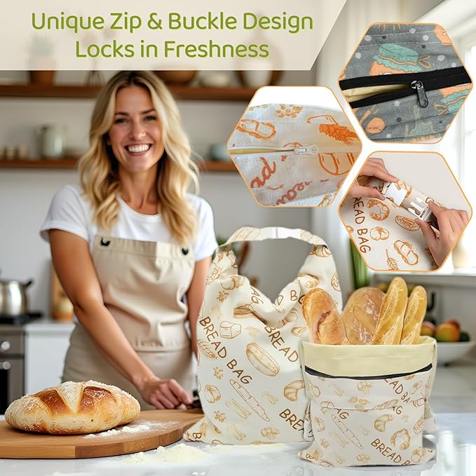 2 Pack XL Beeswax Bread Bags with Zipper Seal – Reusable Cotton Linen Waxed Bread Bags for Homemade Bread, Sourdough Storage, Eco-Friendly Bees Wax Bag Alternative to Plastic (2Pack)