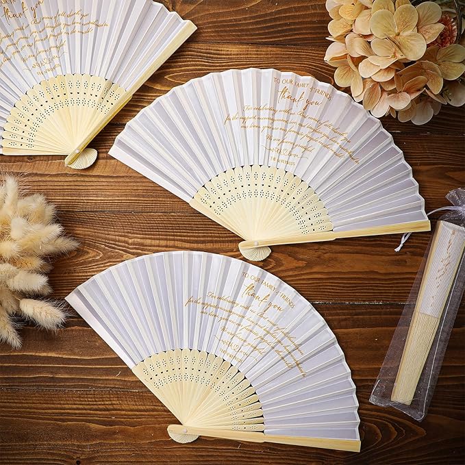 Menkxi 30 Pcs Silk Fabric Folding Fans Bulk for Wedding Guests Thank You Bamboo Folded Hand Fan for Bridal Shower Decoration Favor Vintage Handheld Fans Souvenirs with Organza Bag (White,Classic)