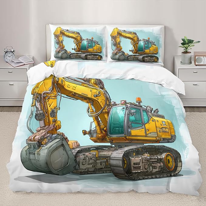 Yellow Excavator Bedding Set Full Size Engineering Vehicle Duvet Cover Construction Vehicle Comforter Cover Construction Machinery Bedding Set Soft Microfiber for Bedroom