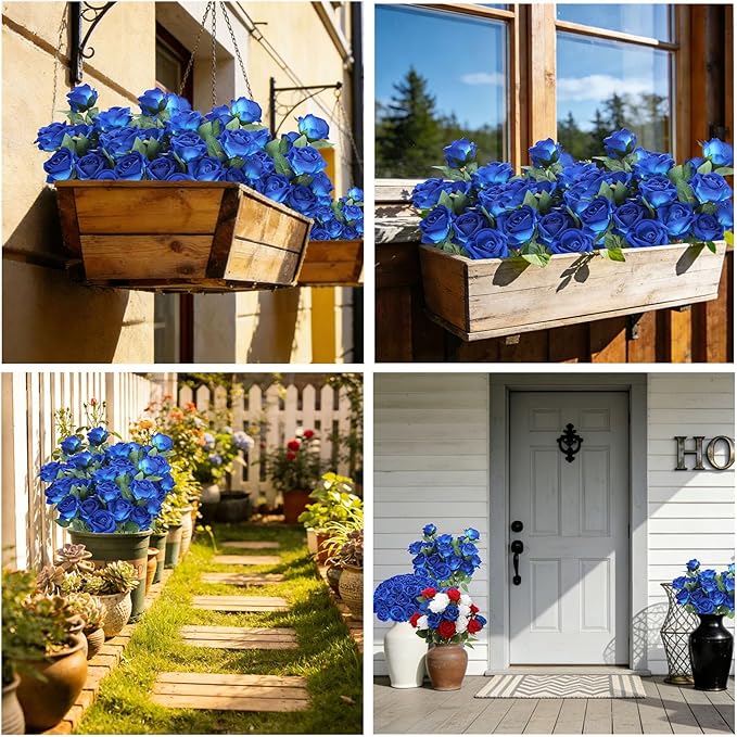 Roses Artificial Flowers, Fake Velvet Silk Roses with Stems for Indoor Outdoor Decor, Realistic Roses in Bulk for Wedding Centerpiece Party, Valentines Birthday (24,Blue)