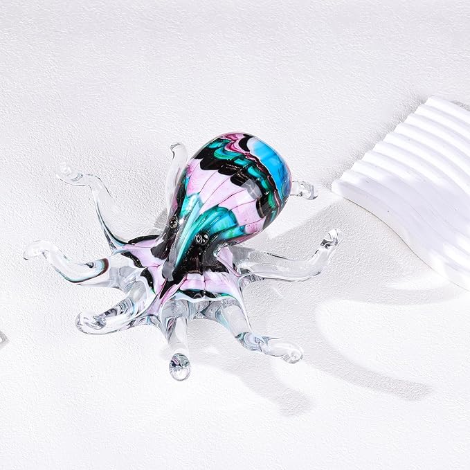 LCCCK Glass Octopus Statue Home Decor, Hand Blown Glass Decor Ocean Figurines Octopus Sculpture, Murano Art Office Desk Paperweights Fish Tank Aquarium Sea Animals Christmas Birthday Gift (Pink)
