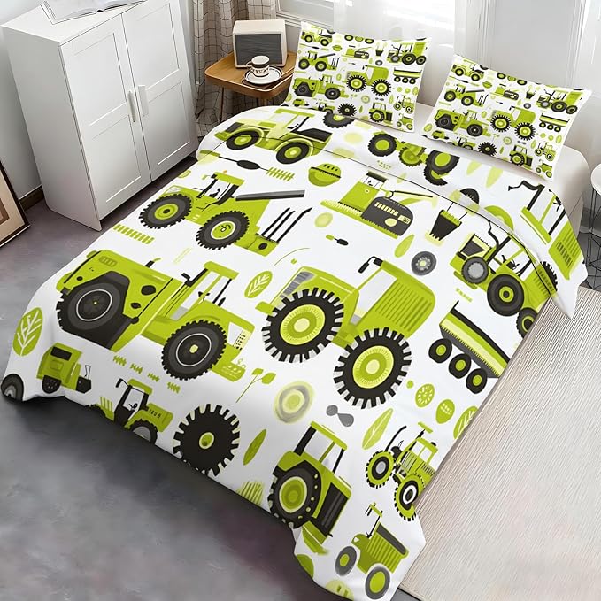 Engineering Vehicle Duvet Cover Queen Size Cartoon Tractor Bedding Set Agricultural Vehicle Comforter Set Farm Machinery Car Quilt Cover Soft Microfiber for Bedroom