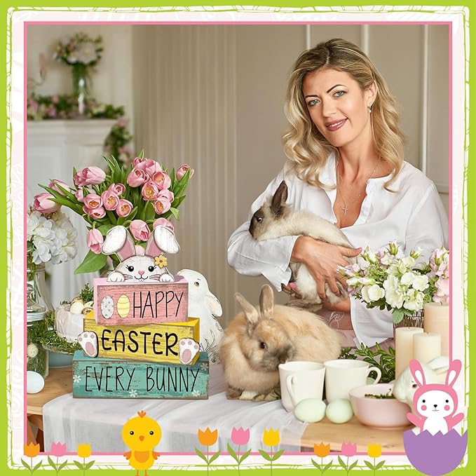 4 Pcs Easter Table Decorations Bunny Tiered Tray Decor Wooden Bunny Block Signs Gifts Happy Easter Centerpiece for Tables Wood Rabbit Tabletop Signs for Kitchen Home Shelf Office Decor