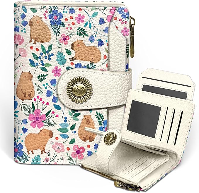 Cute Capybara Wallet Women Small RFID Blocking Bifold, Credit Card Holder, Zipper Coin Pocket, PU Leather, Compact, Travel, 4 ID Window, 14 Card Slots, Cash Purse, Ladies Woman Female Girls