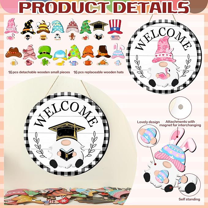 Seasonal Gnome Wall Decor Set, 11.8 inch Halloween Wooden Round Sign with Interchangeable Holiday Hats, Welcome Door Hanging (White-3)