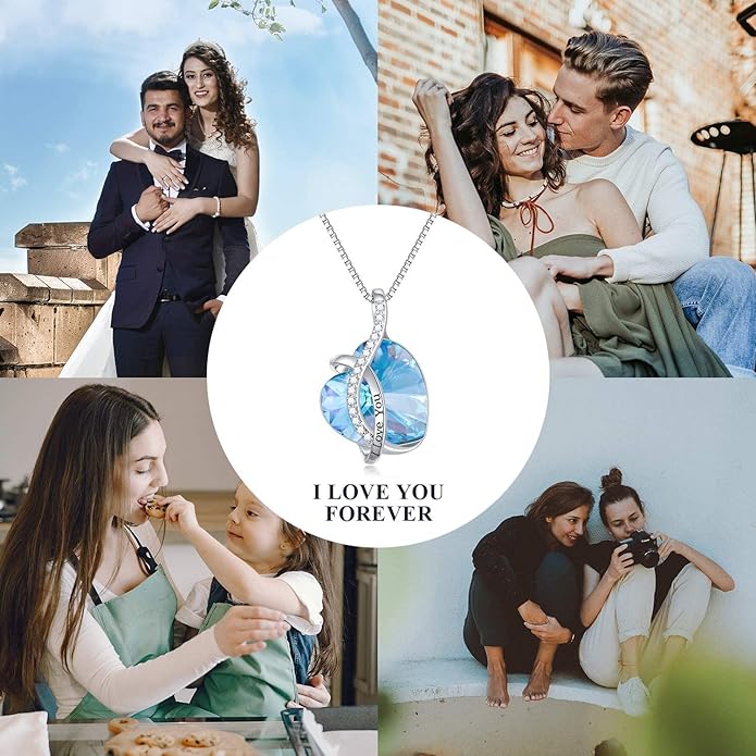 AOBOCO I Love You Sterling Silver 12 Birthstone Heart Pendant Necklace Embellished with Crystals from Austria, Mother's Day Anniversary Birthday Jewelry Christmas Gifts for Women Grandma Nana