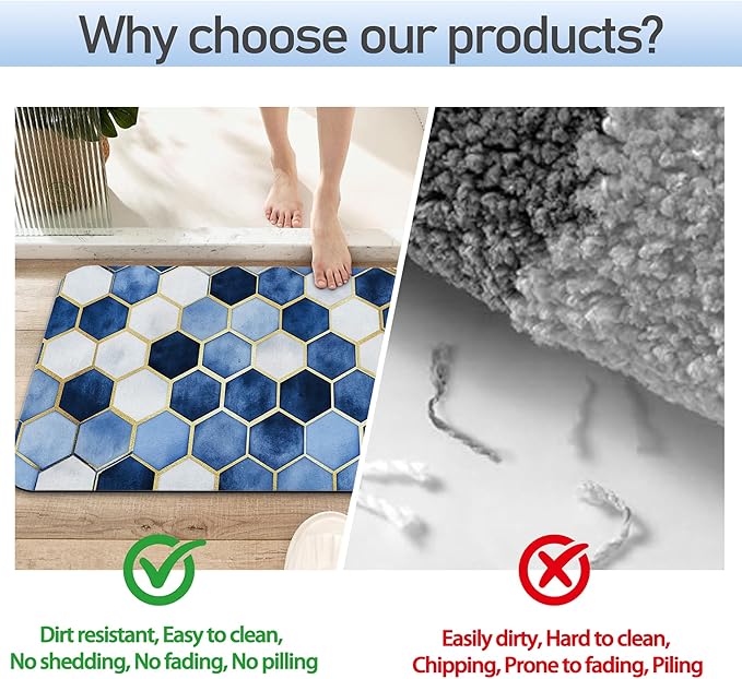 Blue Marble Bathroom Mat, Non-Slip Rubber Backing Thin Low-Profile Bath Rug, Easy-Clean Bathroom Floor Mat for Shower, Bathtub, Kitchen, or Entryway