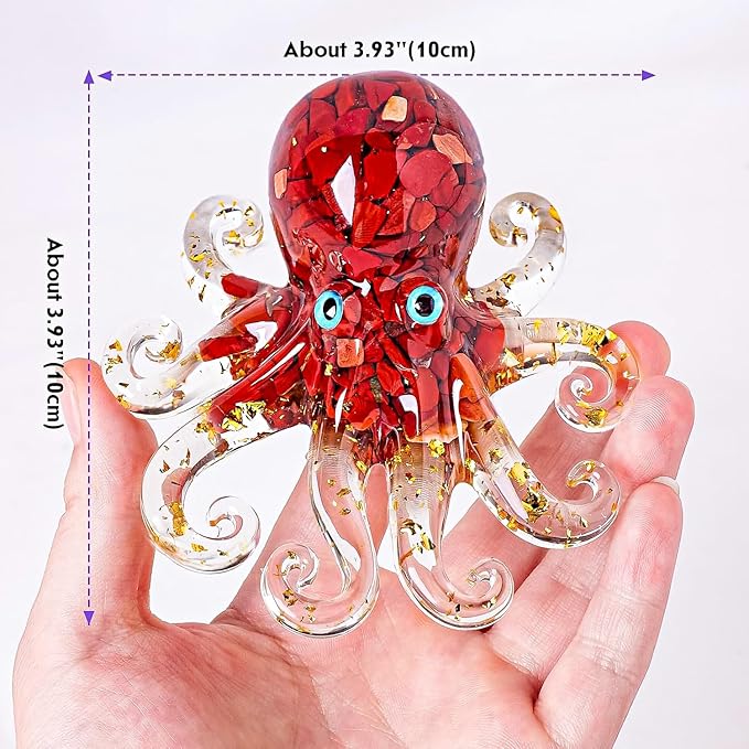 Natural Crystal Red Jasper Gravel Octopus Resin Marine Animals Fish Tank Decorative Ornaments Statue Healing Crystal Home Decor Ladies Gift 3.93"