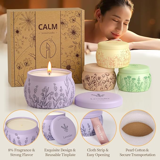 Scented Candles for Mom, 17.6oz Romantic Jar Candles for Women Girl Candle Set, 120H Burning, Soy Candle for Home Scented, Valentine, Birthday, Lavender | Vanilla | Rose & Sandalwood | Jasmine -4 Pack