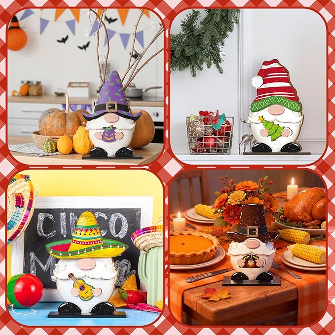 Blulu 32 Pcs Christmas Interchangeable Wooden Gnome Decor DIY Holiday Christmas Seasonal Tiered Tray Decoration Gnomes with Magnet Pieces Welcome Sign for Xmas Holiday Decorations (Bright)