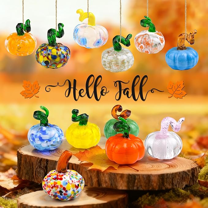 12PCS Glass Pumpkins Figurines for Halloween Thanksgiving Fall Harvest Christmas Decoration, Small Crystal Glass Art Pumpkin Paperweight Gifts