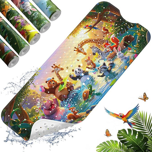 XIYUNTE Upgrade Baby Bath Mat Non Slip - 40"x16" Extra Long Kids Bath Mat for Tub Non Slip Bathtub Mat Eco-Friendly Toddler Bath Mats with Suction Cups, Machine Washable and No Fading, Animal Dusk