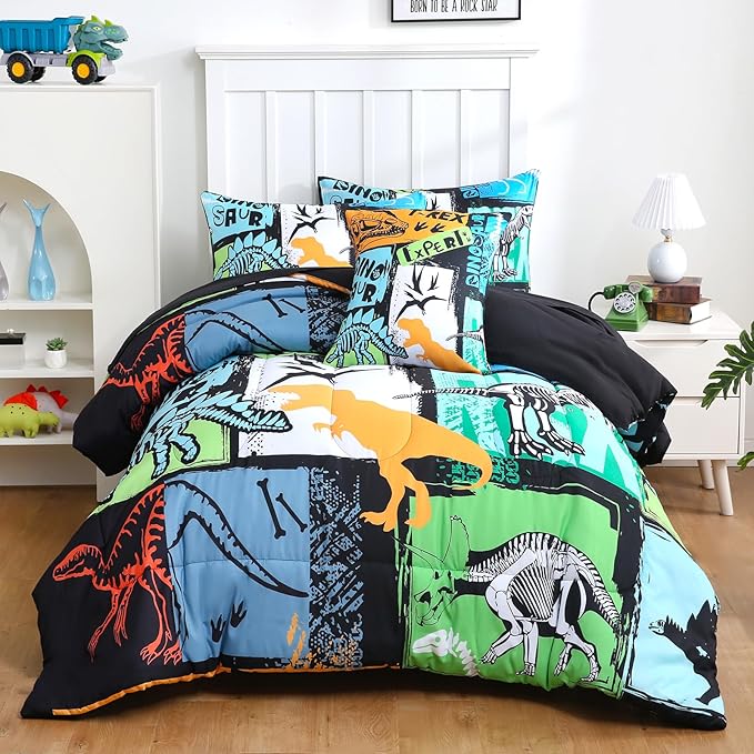 4 Pcs Bed in A Bag Twin Comforter Set for Boys, Dinosaur Bedding Sets with Sheets for Kids