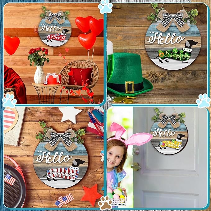 Glenmal 16 Pcs Seasonal Dachshund Door Decor for All Season and Holiday Hanging Cute Christmas Dachshund Welcome Sign Rustic Wooden Farmhouse Front Door Signs Outdoor(Vintage Wood Grain)