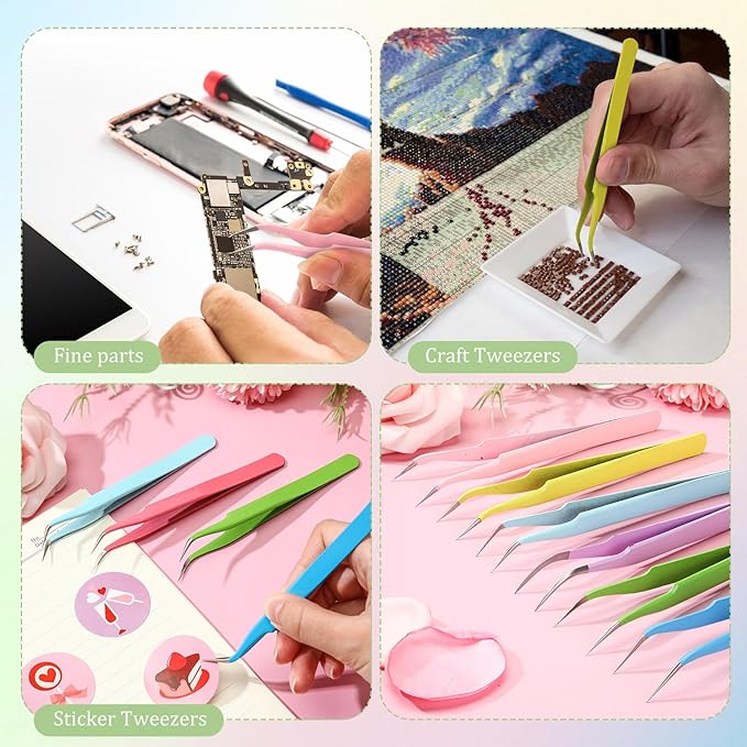 Honoson 9 Pieces Curved Pointed Craft Tweezers Stainless Steel Precision Tweezer with Protective Cover for Rhinestones Dried Flowers Craft Stickers Eyelash Extension Jewelry Making(Macaron Colors)