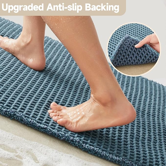 Waffle Runner Rug Bathroom, Long Boho Bathroom Rugs Non Slip Washable Super Absorbent Quick Dry Farmhouse Bath Decor, 72"x24" Denim Blue