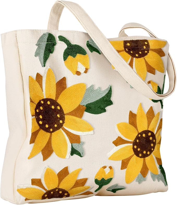 Miss Adola Aesthetic Embroidery Tote Bag for Women - Reusable Canvas Cute Shoulder Bag for Shopping, Grocery, Work, Book