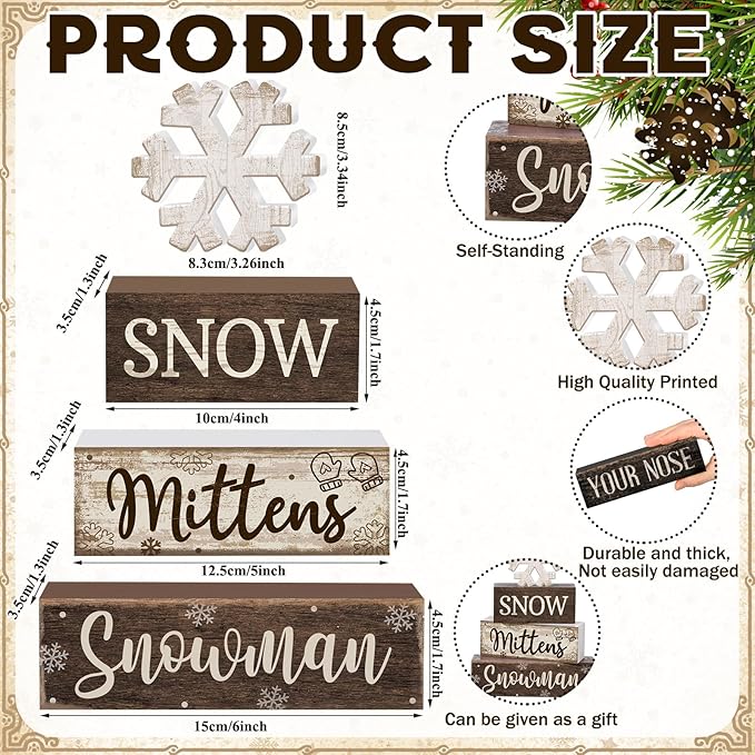 4 Pcs Winter Table Decorations Wooden Snowflake Decor Christmas Tiered Tray Decor Rustic Decorative Snowflake Block Sign Gift Winter Table Centerpiece for Wonderland Party Home Kitchen