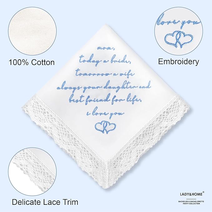 LADY&HOME Something Blue Embroidered Wedding Handkerchief - Mom,Dad,Daughter,Lace Bridal Hankies Wedding Gifts