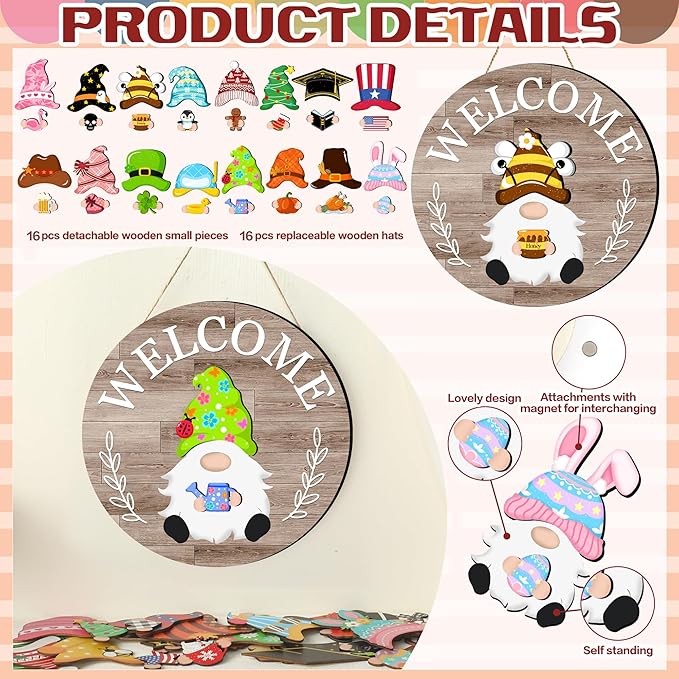 Seasonal Gnome Wall Decor Set, 11.8 inch Autumn Wooden Round Sign with Interchangeable Holiday Hats, Welcome Door Hanging (Grey-3)