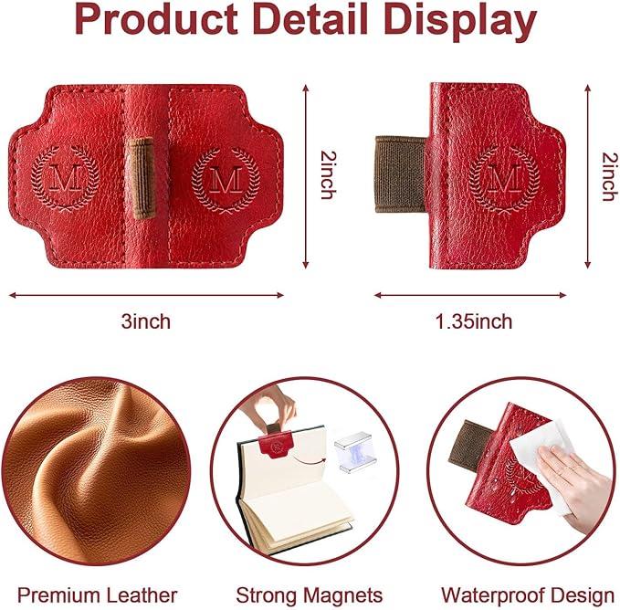 BygoneMark Magnetic Leather Bookmark with Pen Holder, Personalized Custom Initial Page Marker & Pen Clip, Professional Book Accessory for Students (Red-P)