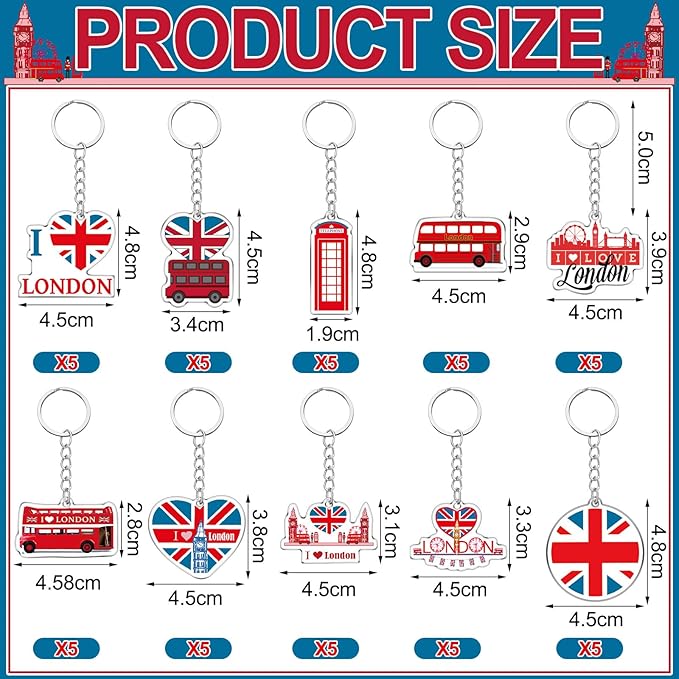 50 Pcs London Souvenirs Acrylic Keychain Gifts Bulk London Keychain Bus Telephone Booth British Flag Travel Souvenirs