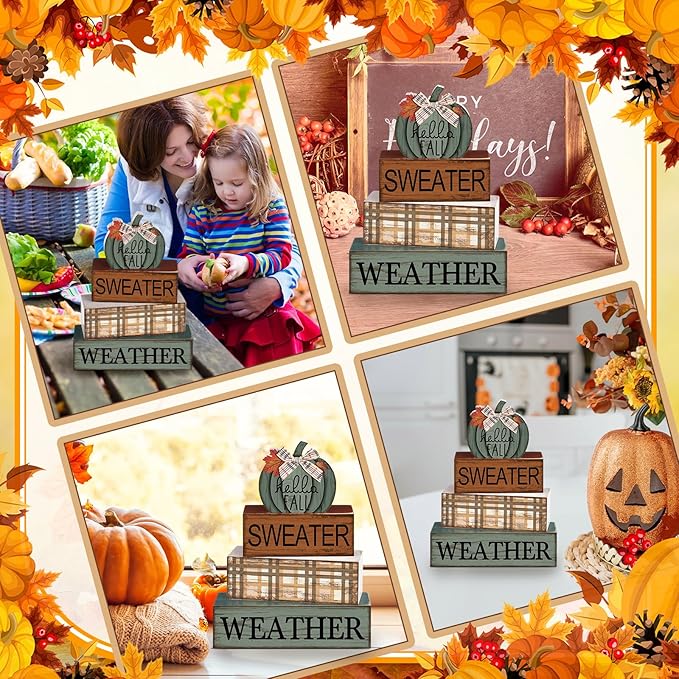 4 Pcs Thanksgiving Pumpkin Decor Fall Decorations for Home Thanksgiving Table Centerpiece Pumpkin Tiered Tray Decor Rustic Decorative Block Signs Farmhouse for Harvest Party Table Kitchen Home