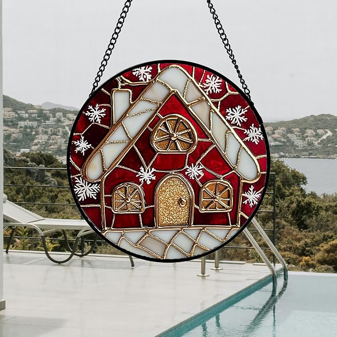 Stained Glass Window Hanging 4 Pcs Set Red Christmas Themed Decorations 6.3" - Suncatcher Door Garden Sun Catcher Decor Birthday New Year for Mom Woman Nana Men