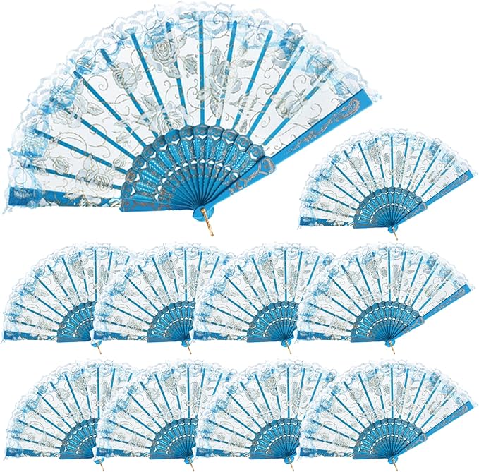 QIRMIZI 10 Pcs Rose Lace Folding Fans,Silk Folding Hand Fans, Perfect for Weddings, Parties, and Dancing,Light Blue