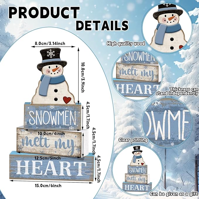 4 Pcs Winter Table Decorations Blue and White Snowman Decor Winter Tiered Tray Decor Christmas Table Centerpiece Rustic Decorative Snowmen Block Signs Gift Farmhouse for Home Kitchen Shelf