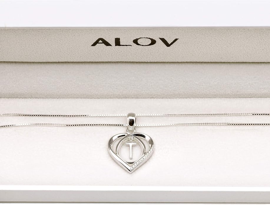 ALOV Jewelry Sterling Silver Initial Letter Alphabet Love Heart Cubic Zirconia Pendant Necklace
