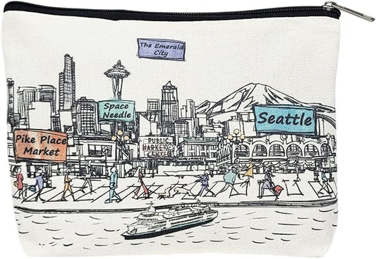Cities Around the World Artwork Cosmetic Bag Series – Designed in USA, Travel Makeup Bag with Zipper, Souvenir Gift for Women, Artwork Organizer for Purse or Toiletry (Seattle)