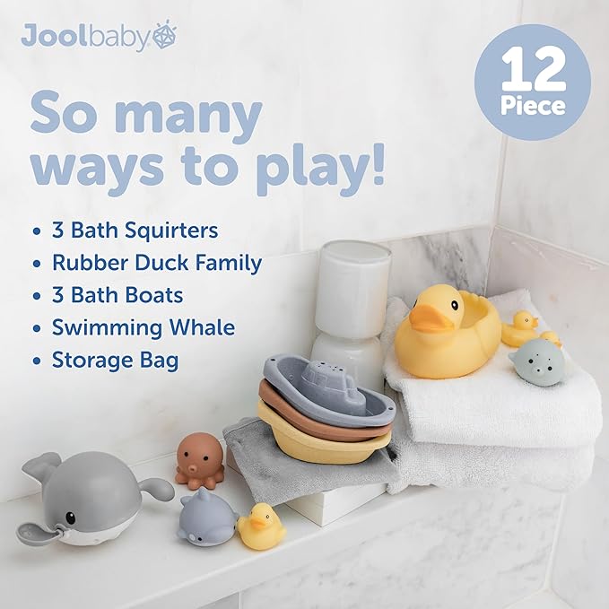 Jool Baby 12-Piece Bath Toy Gift Set – Bath Squirts, Rubber Ducks, Wind-up Swimming Whale – Bath Toy Storage Organizer Included