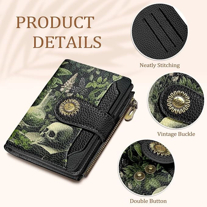 Goth Gothic Skull Small Wallet Women RFID Blocking Bifold, Credit Card Holder, Zipper Coin Pocket, Funny Witchy, Compact, Travel, PU Leather, 4 ID Window 14 Card Slots, Cash Purse, Ladies Woman