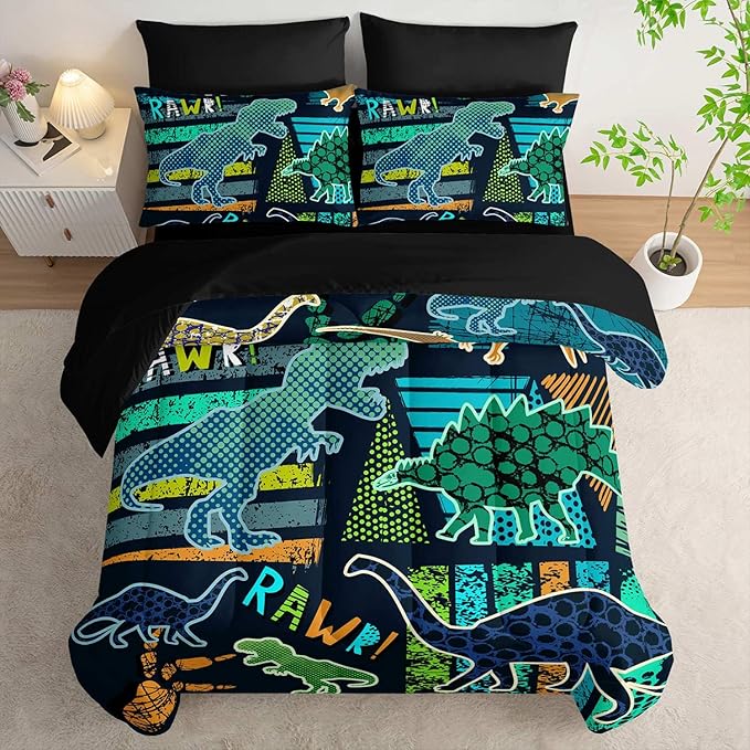 AILONEN Kids Dinosaur Comforter Set Queen, 7-Piece Cartoon Dinosaur Bed in a Bag for Boys, Green Graffiti Soft Comforter & Fitted Sheet with Flat Sheet & 2 Pillowcases, 2 Pillow Shams