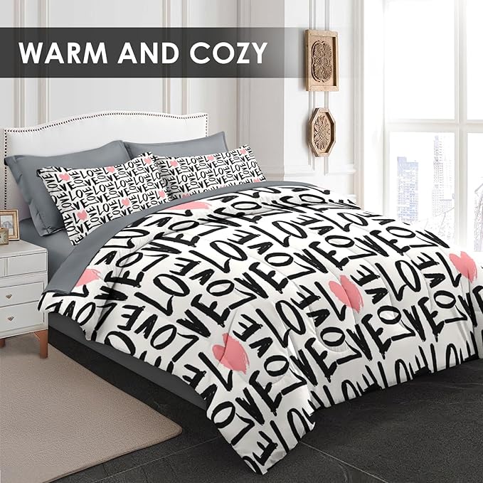 Comforter Set Full Size, Love Heart 7 Pcs Bedding for Kids and Adults, Black and Pink Bedding Sets with Fitted Sheet 2 Pillowcases & 2 Shams for Bedroom Bed Decor