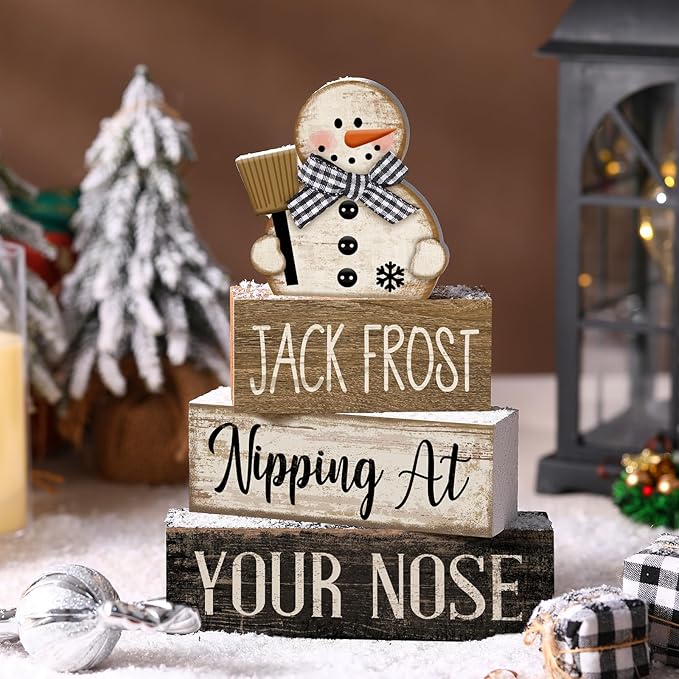 4 Pcs Winter Table Decor Wooden Snowman Black and White Winter Tiered Tray Decor Rustic Decorative Snowman Block Sign Gifts Christmas Centerpiece Rustic Christmas Decorations for Home Kitchen