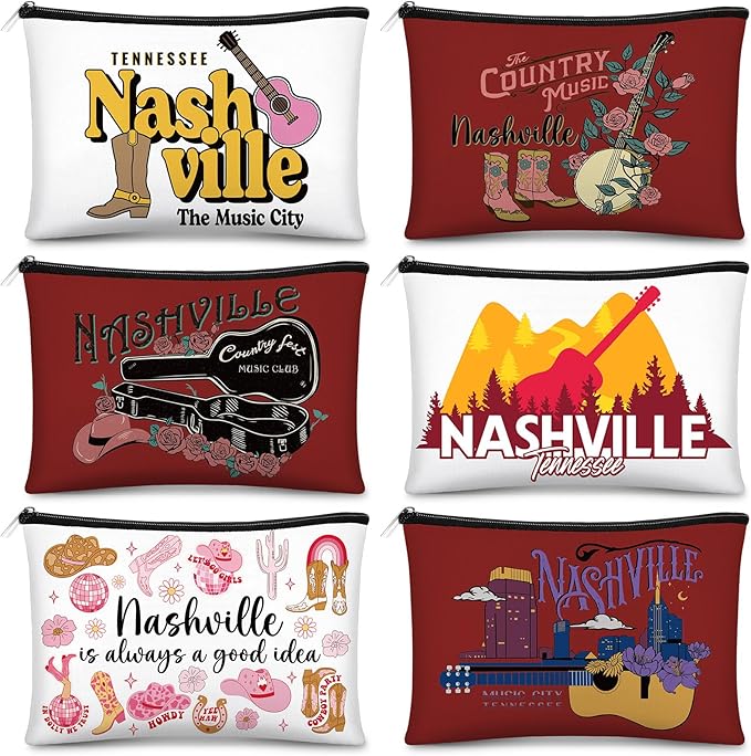 Reginary 6 Pcs City Cosmetic Bag Souvenir Gifts New York Zipper Pouch Chicago Souvenir Seattle Boston Nashville London Paris Italy Alaska Gifts Memento for Women Traveler(Nashville)