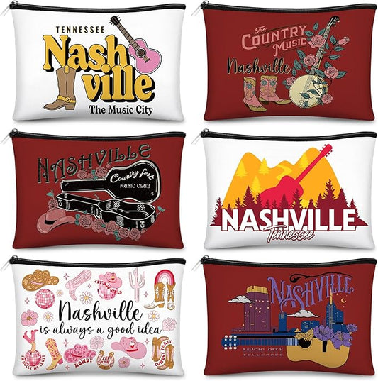 Reginary 6 Pcs City Cosmetic Bag Souvenir Gifts New York Zipper Pouch Chicago Souvenir Seattle Boston Nashville London Paris Italy Alaska Gifts Memento for Women Traveler(Nashville)