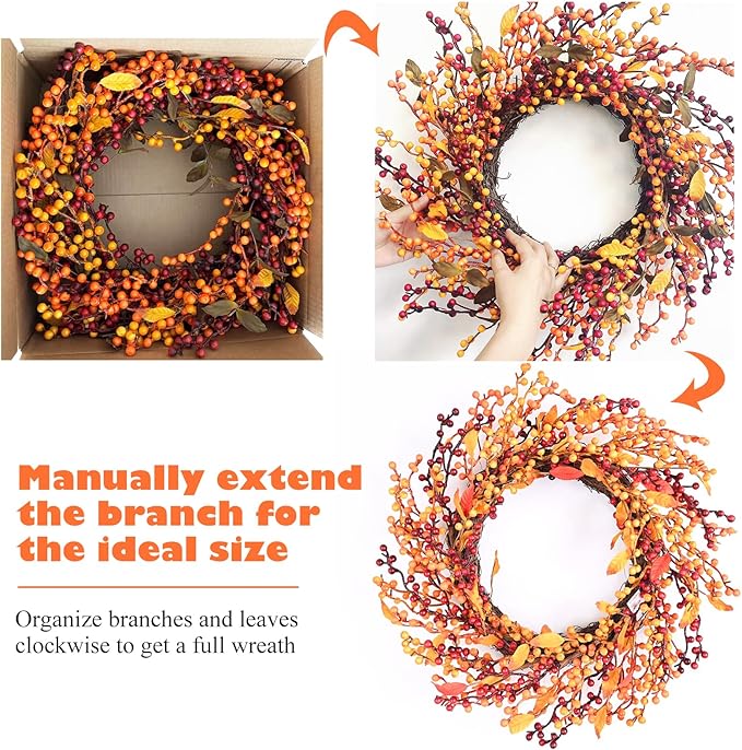 24 Inch Fall Front Foor Wreath, Orange Berries Leaves Grapevine Wreath for Farmhouse Window Hanging Home Decor