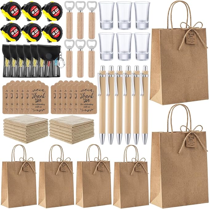 Leinuosen 6 Set Kraft Baby Shower Game Prizes for Men Baby Shower Guest Gifts for Winners with Cleaning Cloth Bottle Opener Screwdriver Tape Measuring Keychain Multi Tool Pen Kraft Gift Bags