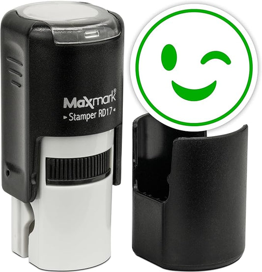 MaxMark Round Self Inking Emoji Stamp - Wink - Green Ink