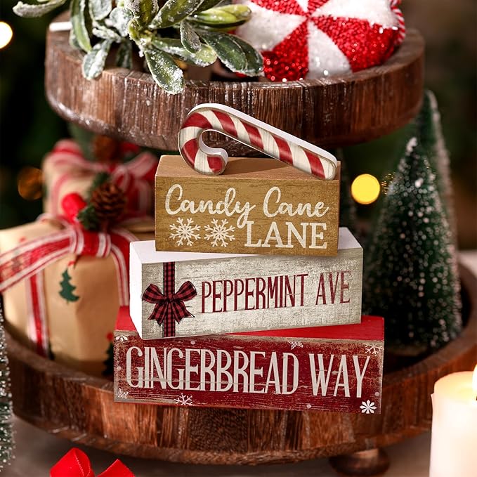 4 Pcs Christmas Table Decor Wooden Candy Cane Decoration Christmas Centerpiece Winter Tiered Tray Decor Red and White Stripes Candy Cane Block Signs Gift Farmhouse Xmas Decoration for Kitchen